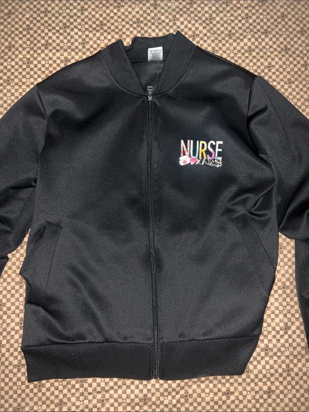 Source Unknown Black Varsity Jacket with Colorful NURSE Logo